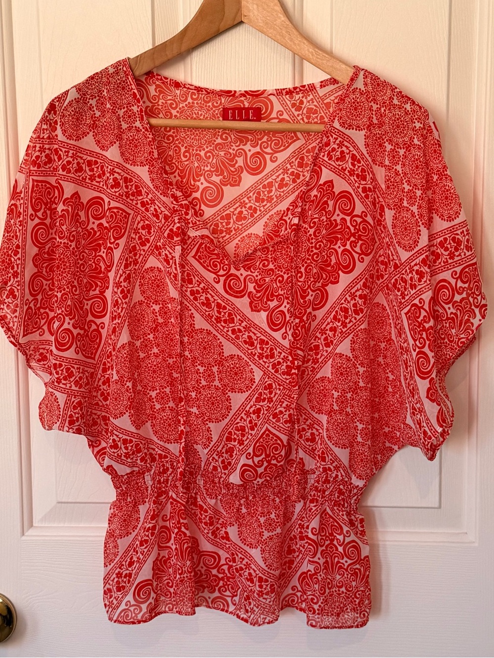 Elle Red and White Patterned Short Sleeve Blouse